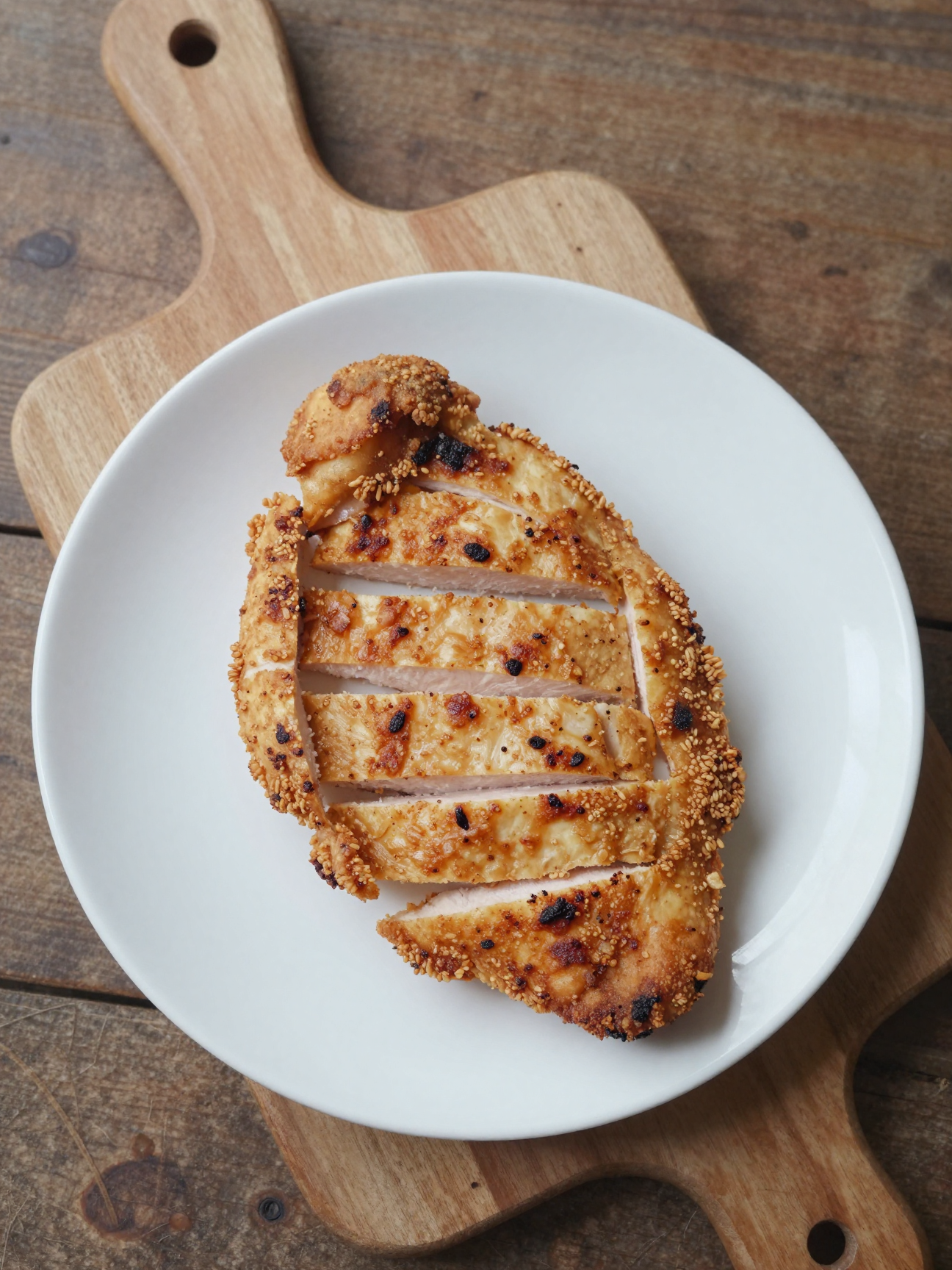 Sliced air fryer chicken breast on a cutting board