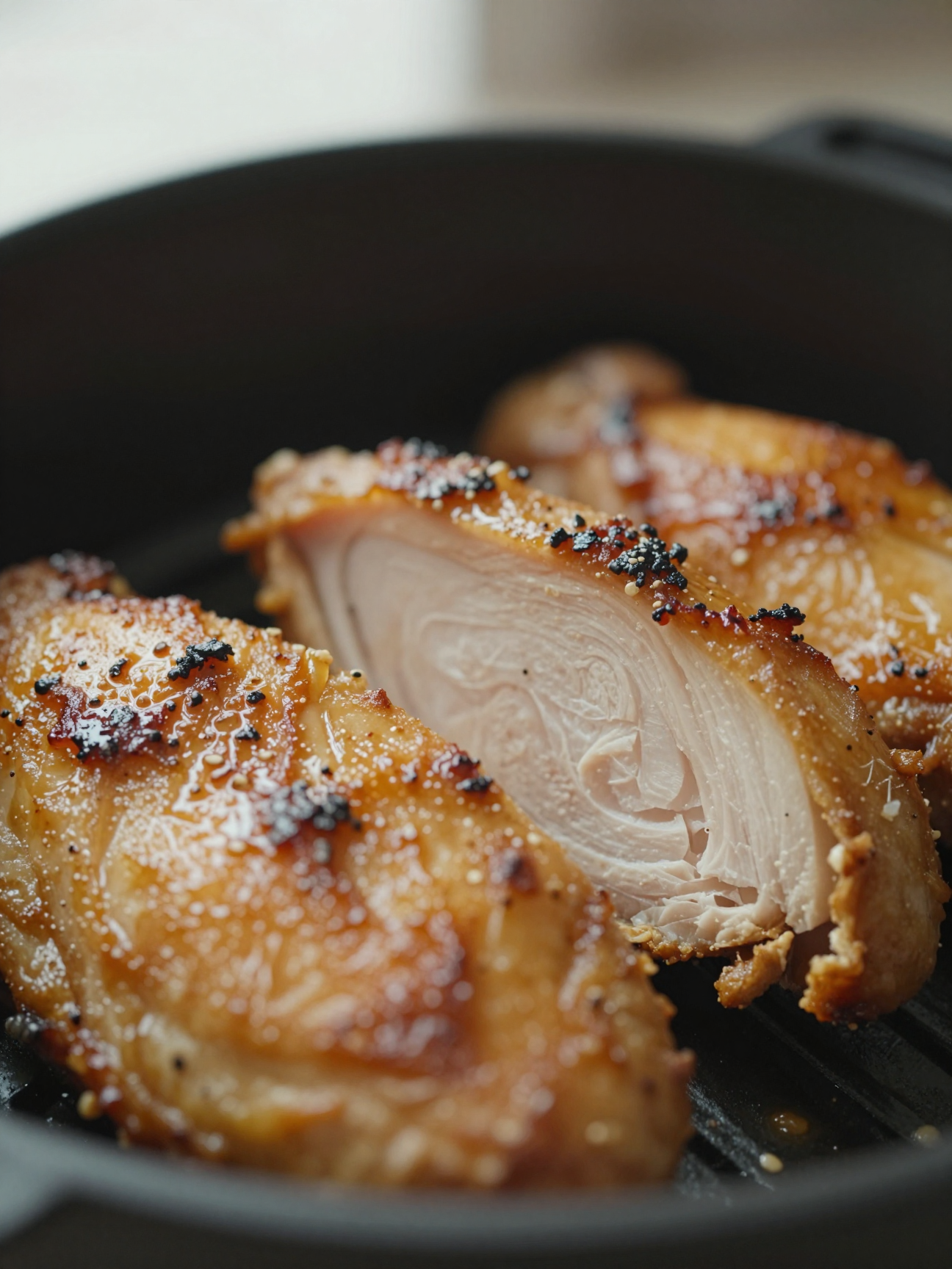 Close-up of sliced air fryer chicken breast showing juicy interior
