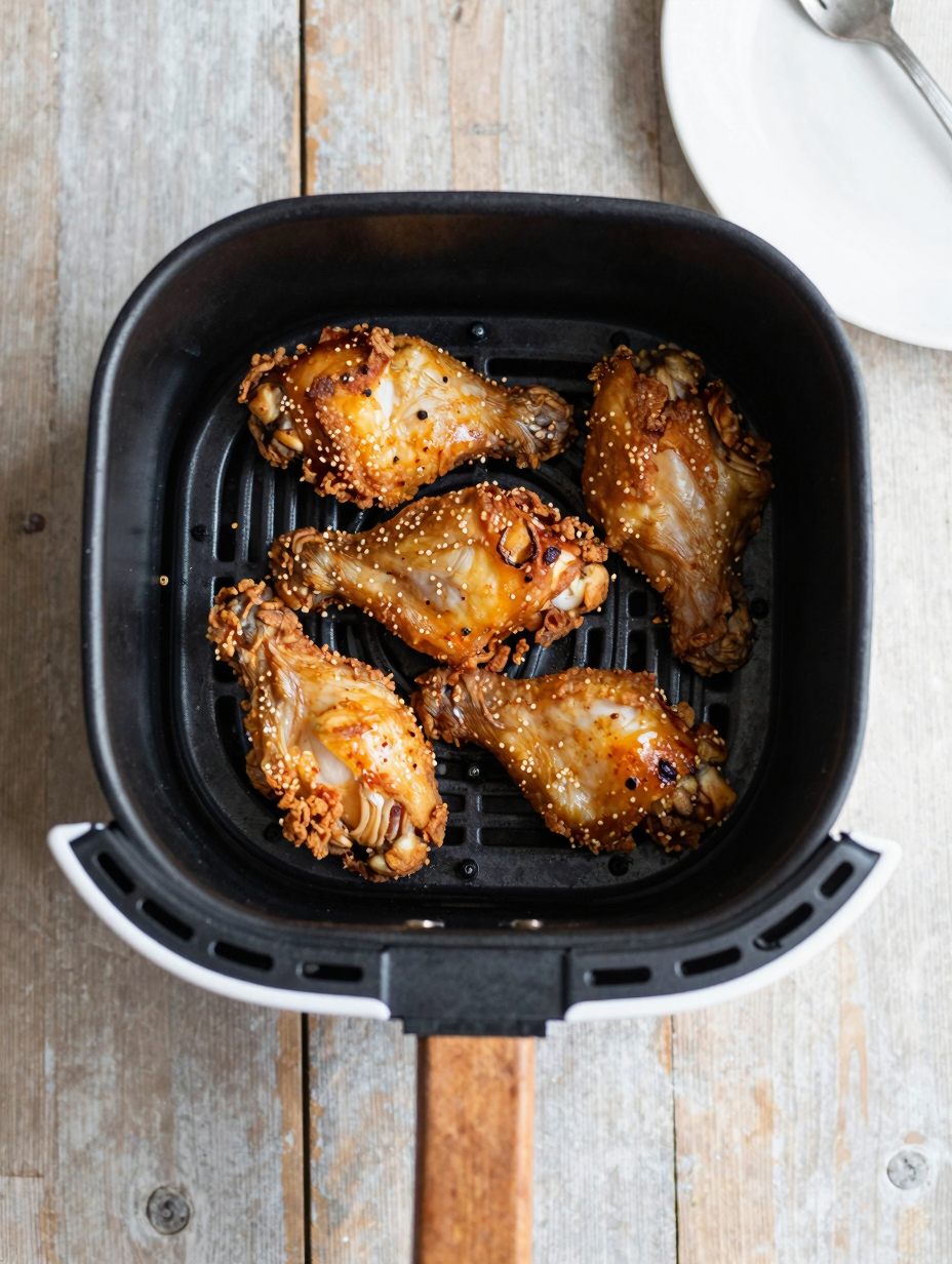 Crispy air fryer chicken thighs in the air fryer basket