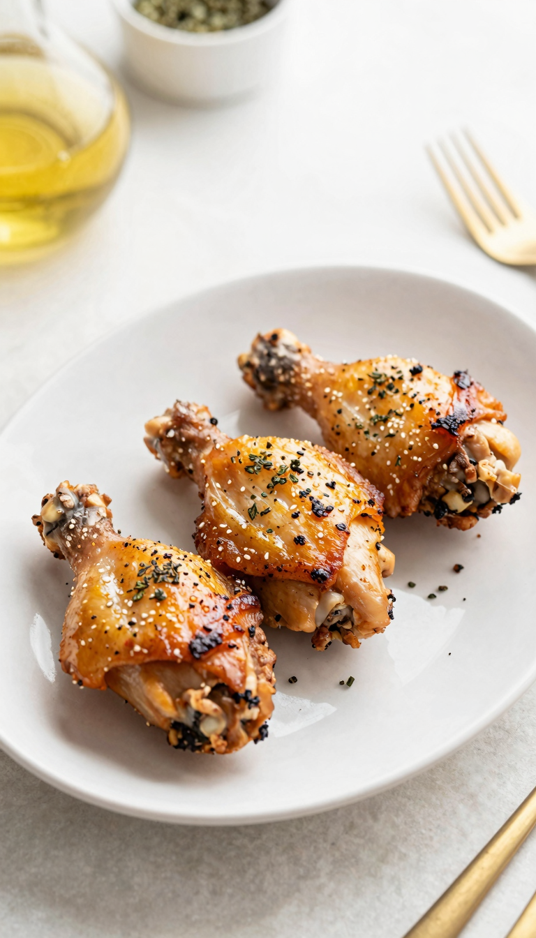 Overhead plate of air fryer chicken thighs with herbs