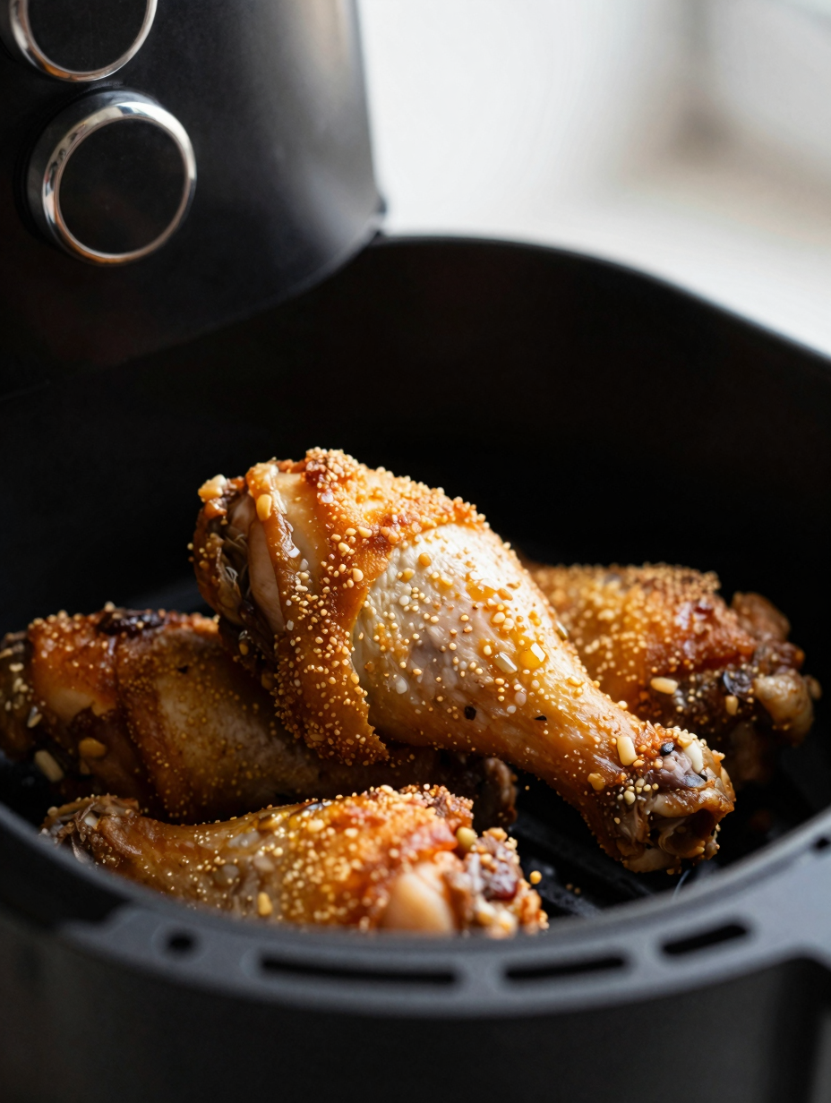 Close-up of air fryer chicken thigh showing crispy skin