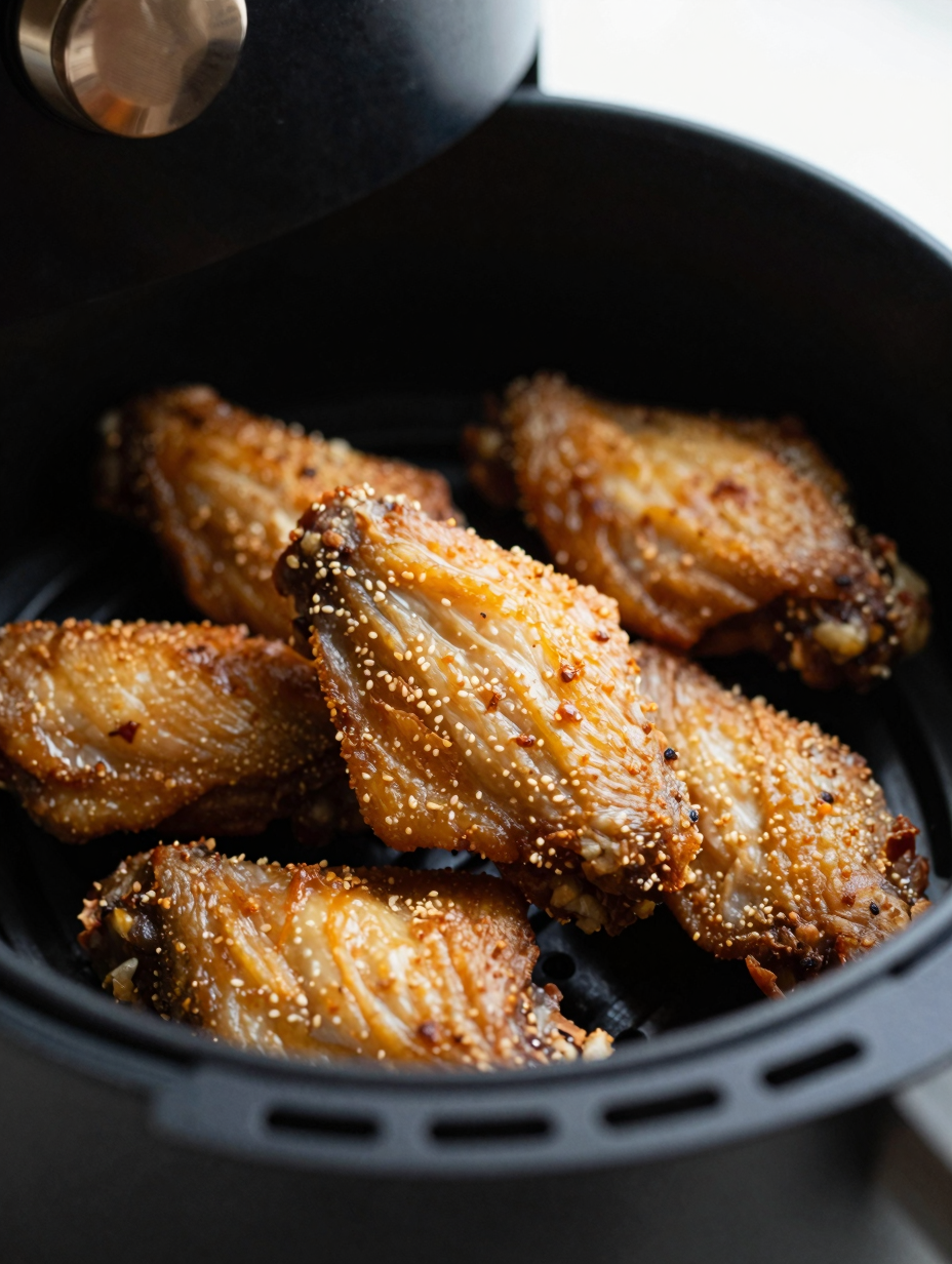 Close-up of air fryer chicken wing showing crispy skin texture