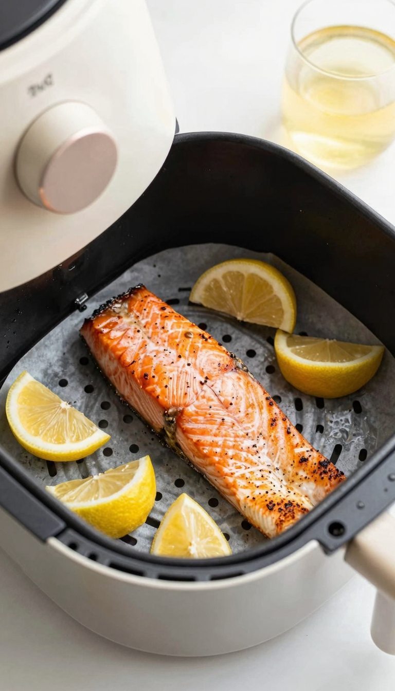 Overhead air fryer salmon with lemon wedges