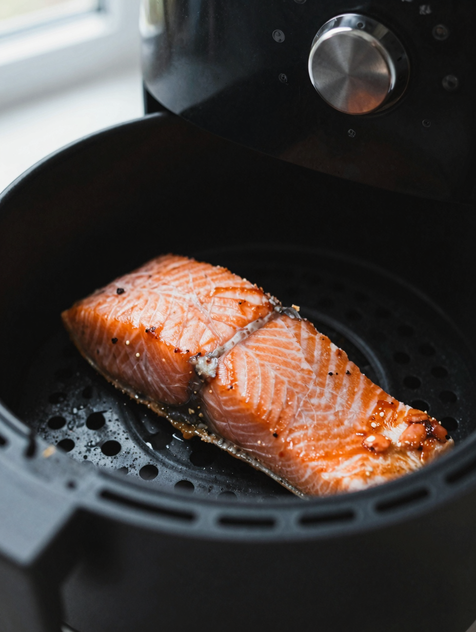 Close-up of air fryer salmon showing flaky interior