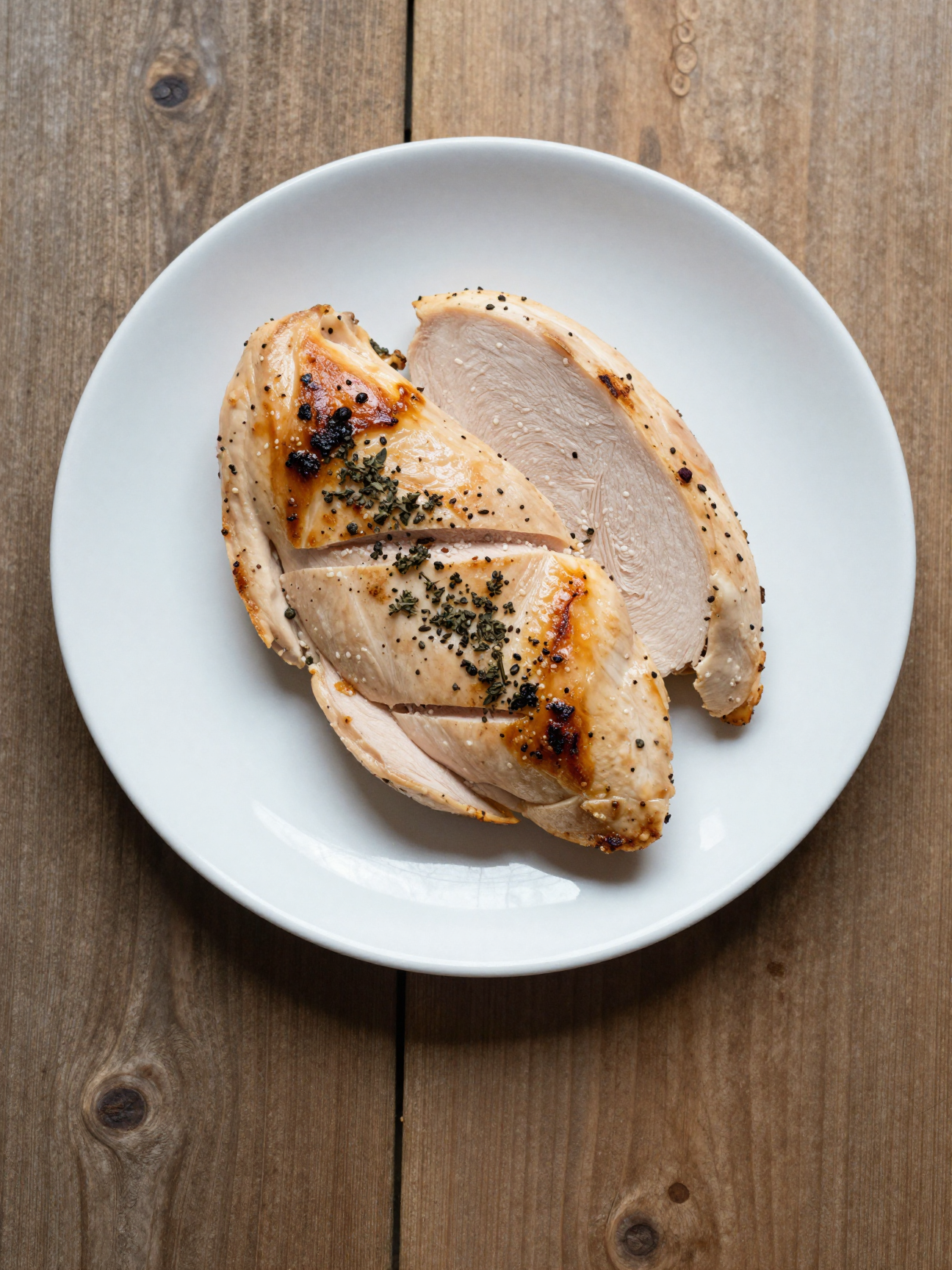 Sliced baked chicken breast on a plate with herbs