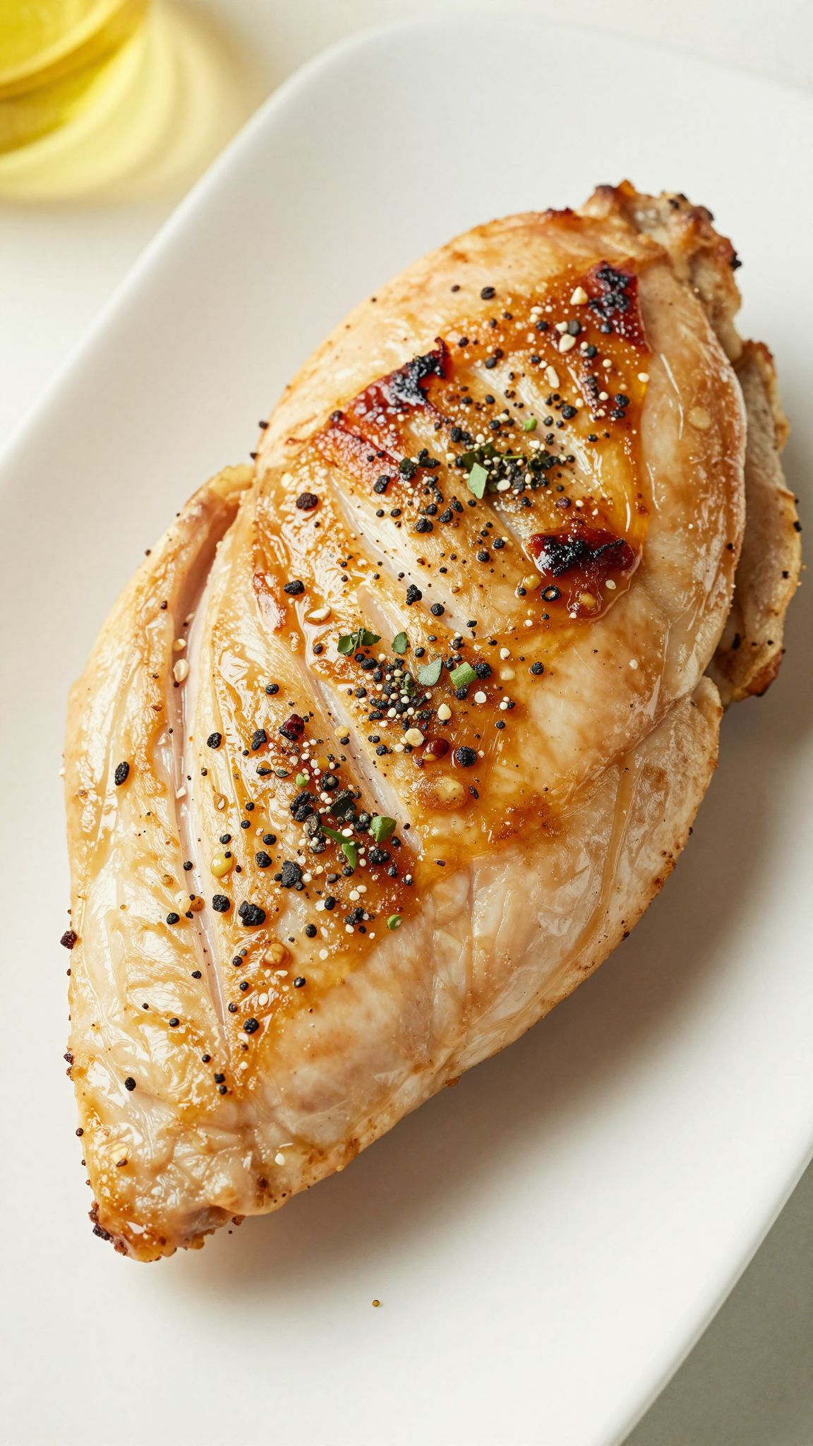 Overhead baked chicken breast with seasoning rub and herbs