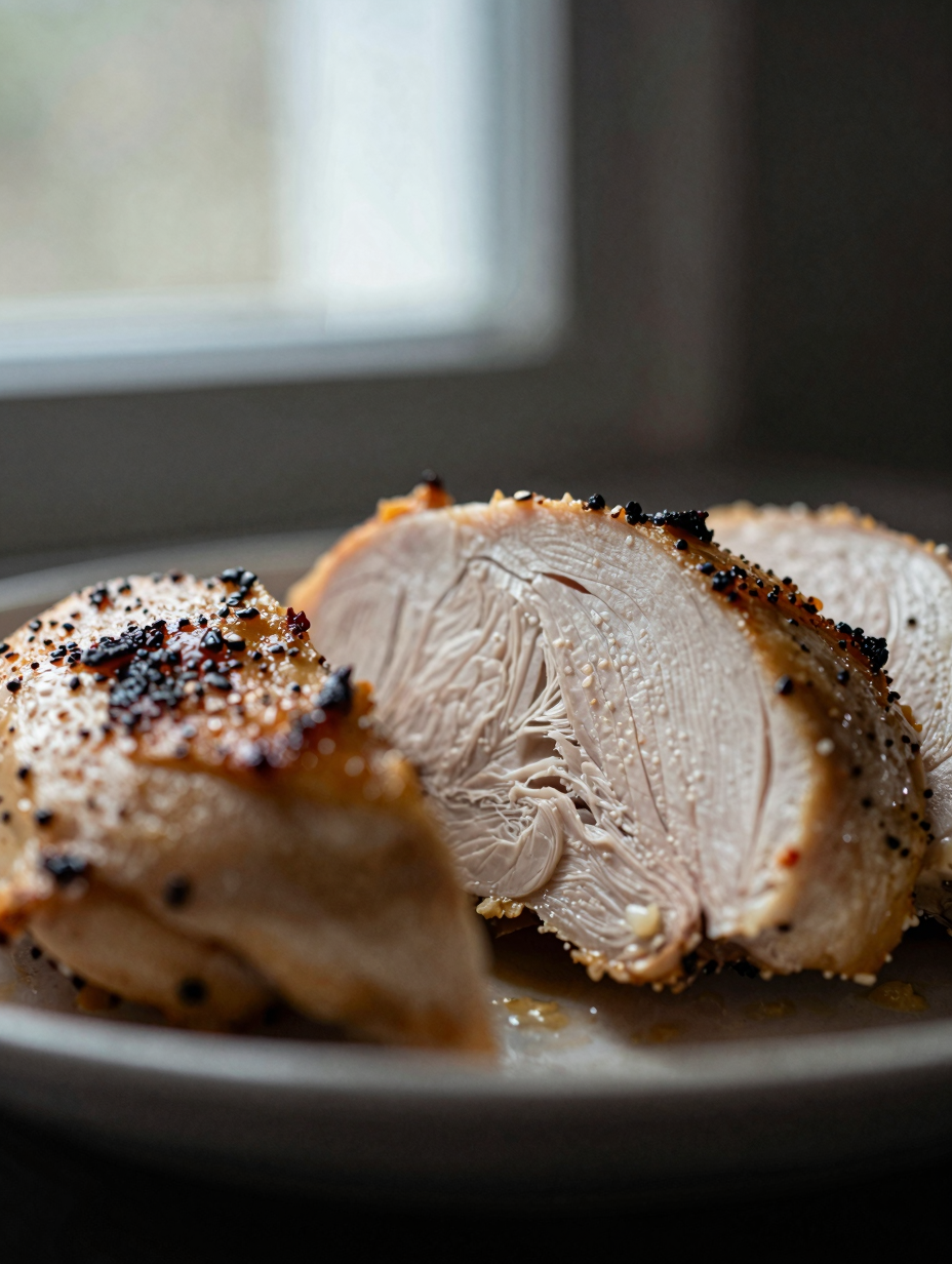 Close-up of sliced baked chicken breast showing juicy interior