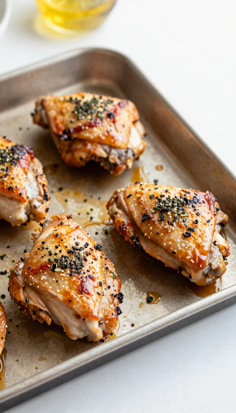 Overhead sheet pan of baked chicken thighs with herbs