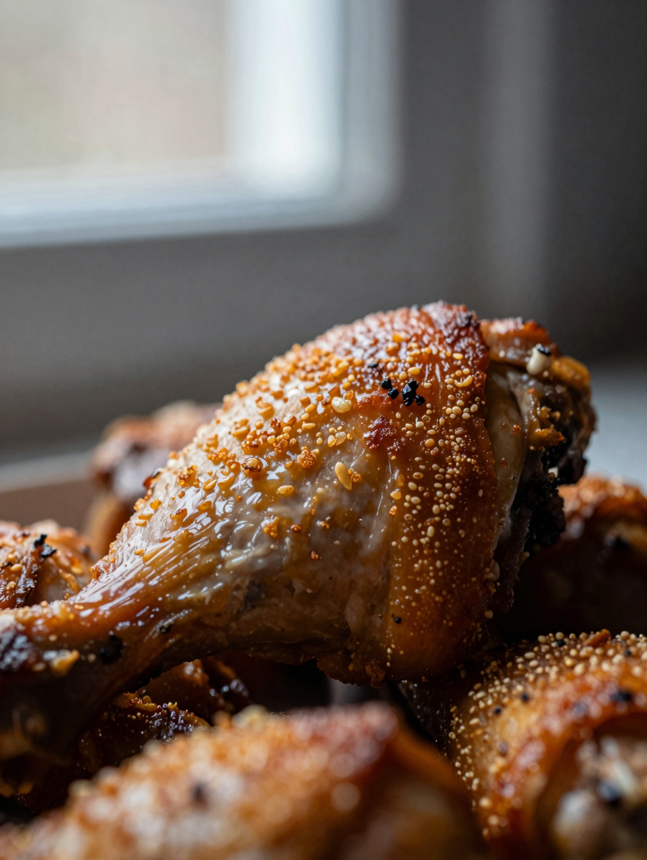 Close-up of baked chicken thigh showing crispy skin texture