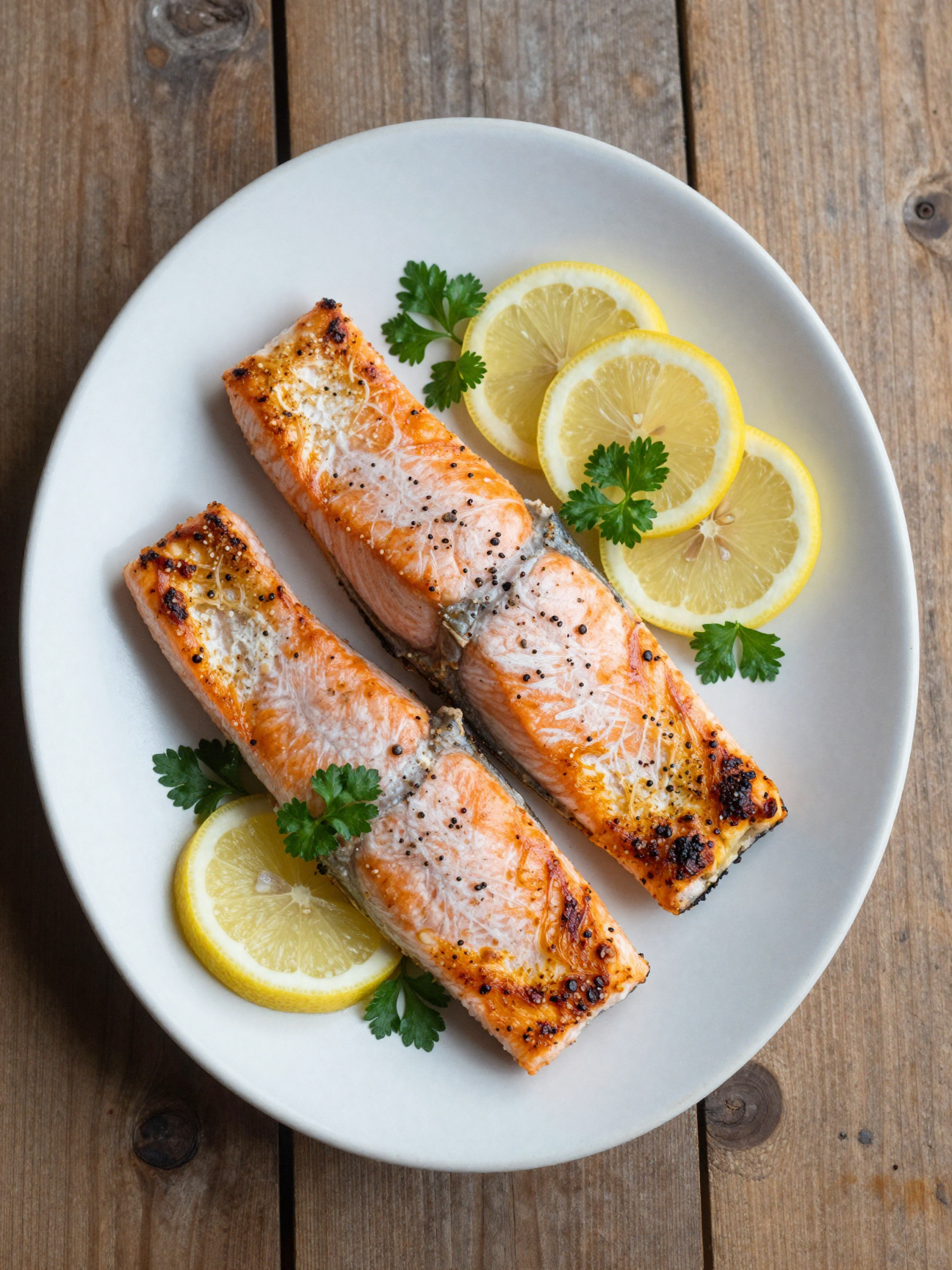 Baked salmon fillets with lemon slices and fresh parsley