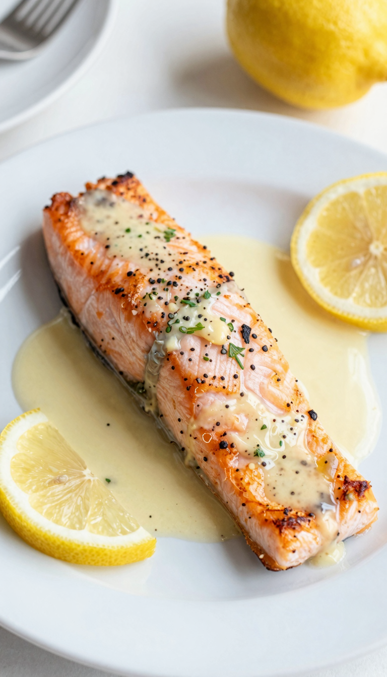 Overhead baked salmon with garlic butter sauce and lemon
