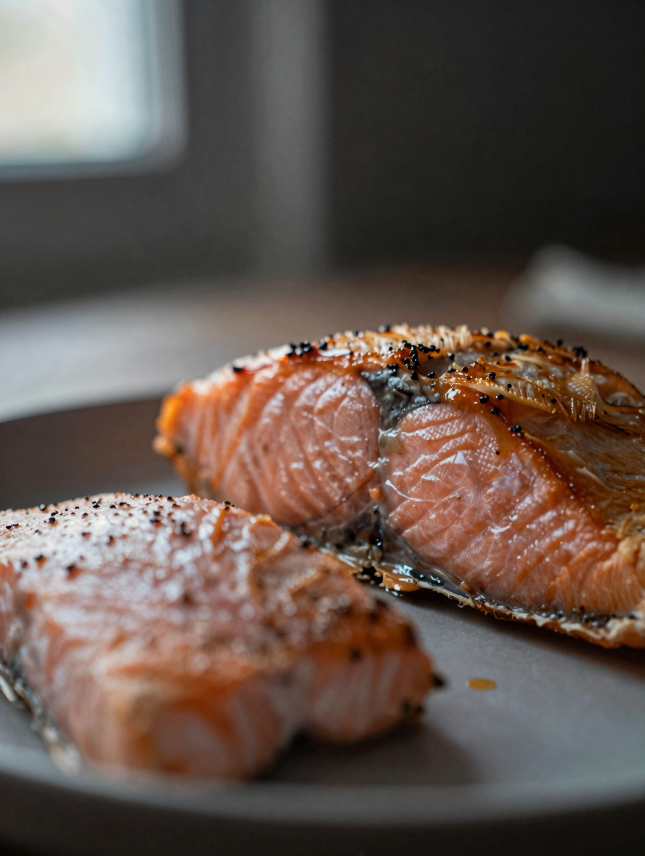 Close-up of flaky baked salmon showing moist interior