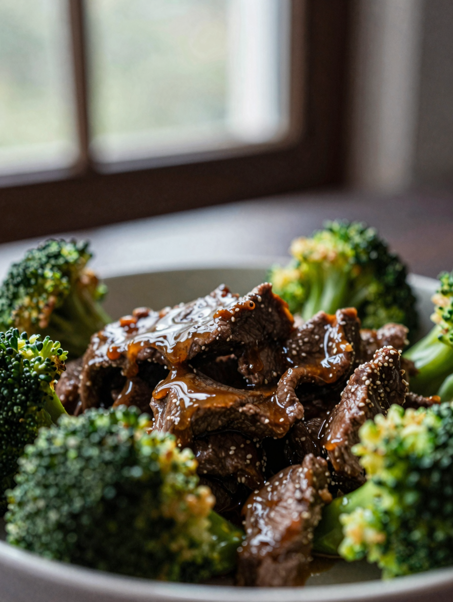 Close-up of beef and broccoli showing sauce coating the meat