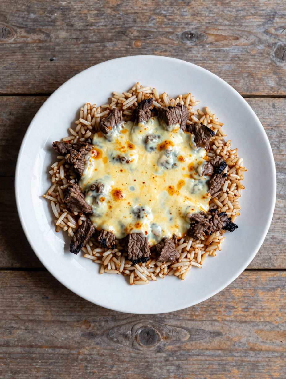 Beef and rice skillet with melted cheese on top