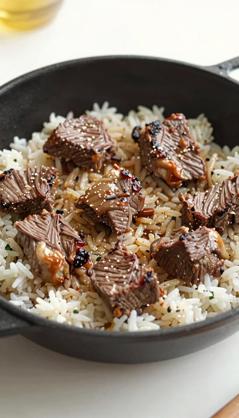 Overhead beef and rice skillet fresh off the stove