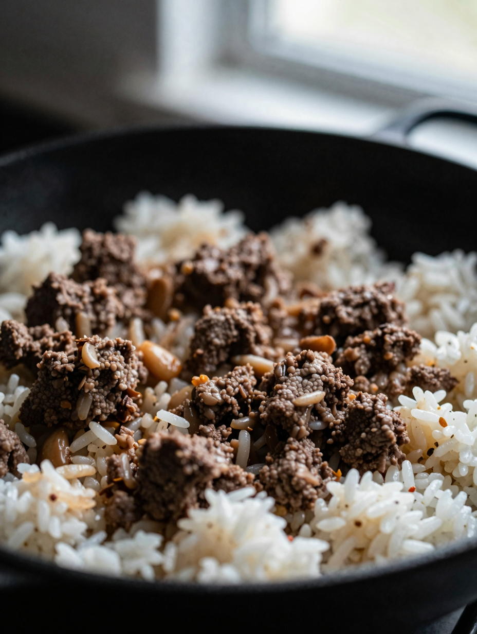 Close-up of beef and rice skillet showing tender rice and ground beef