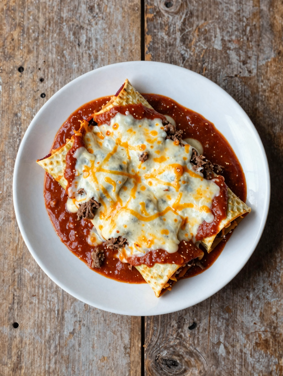 Beef enchiladas covered in red sauce and melted cheese