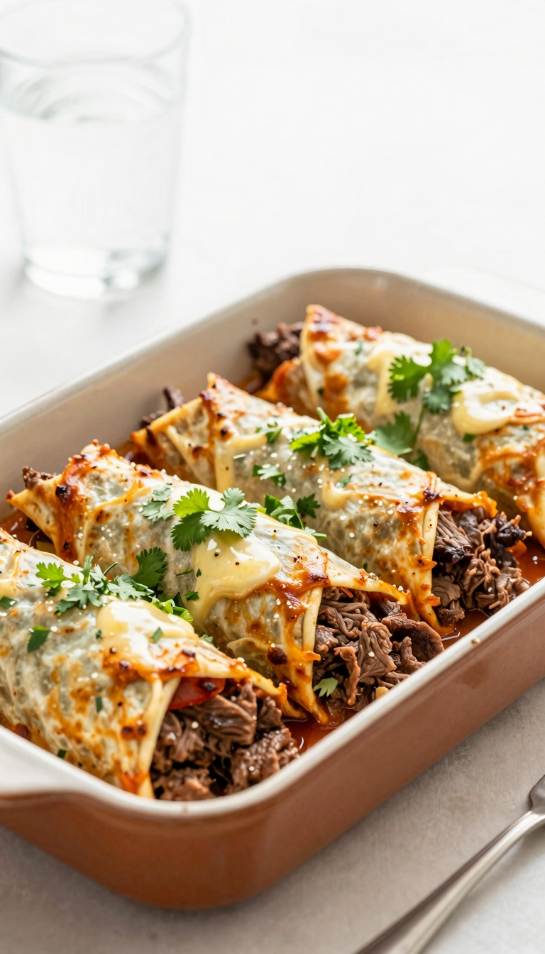 Overhead baking dish of beef enchiladas with cilantro