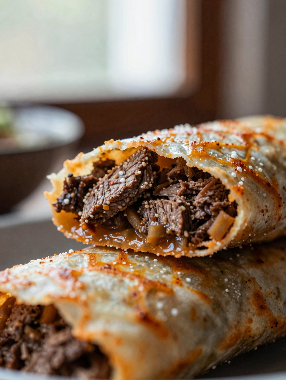 Close-up of beef enchilada cross-section showing filling