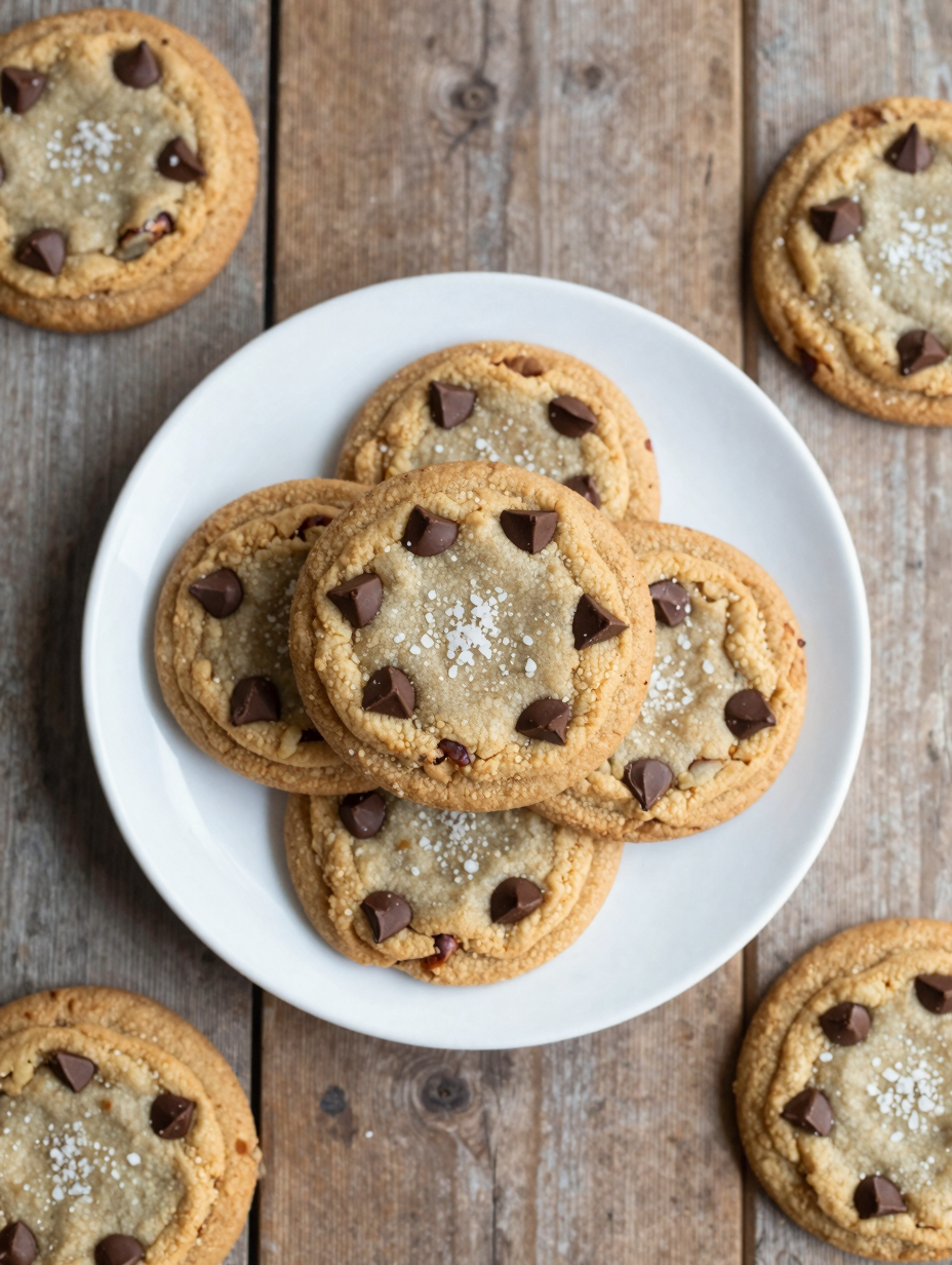 Stack of brown butter chocolate chip cookies with flaky salt on top