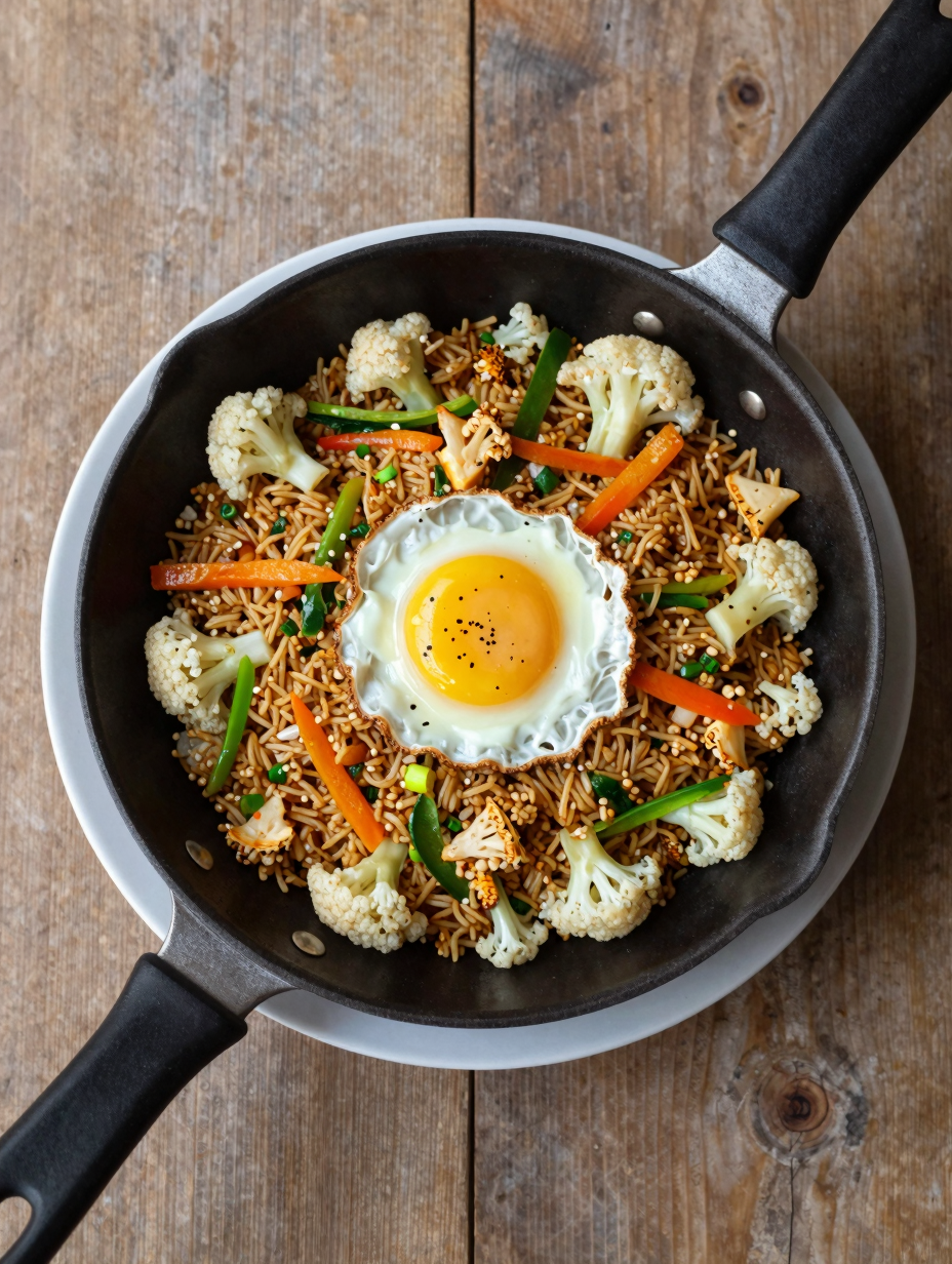 Cauliflower fried rice with egg and vegetables in a skillet