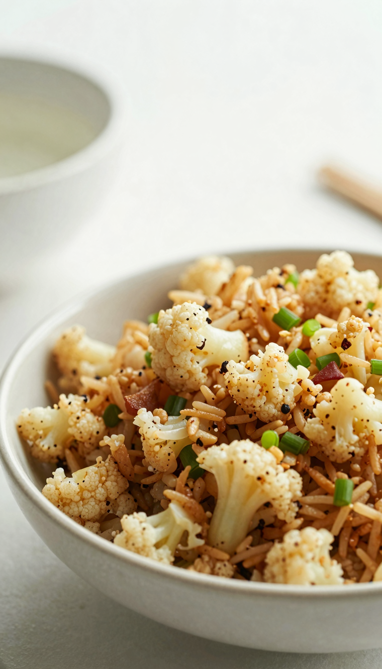 Overhead bowl of cauliflower fried rice with green onion