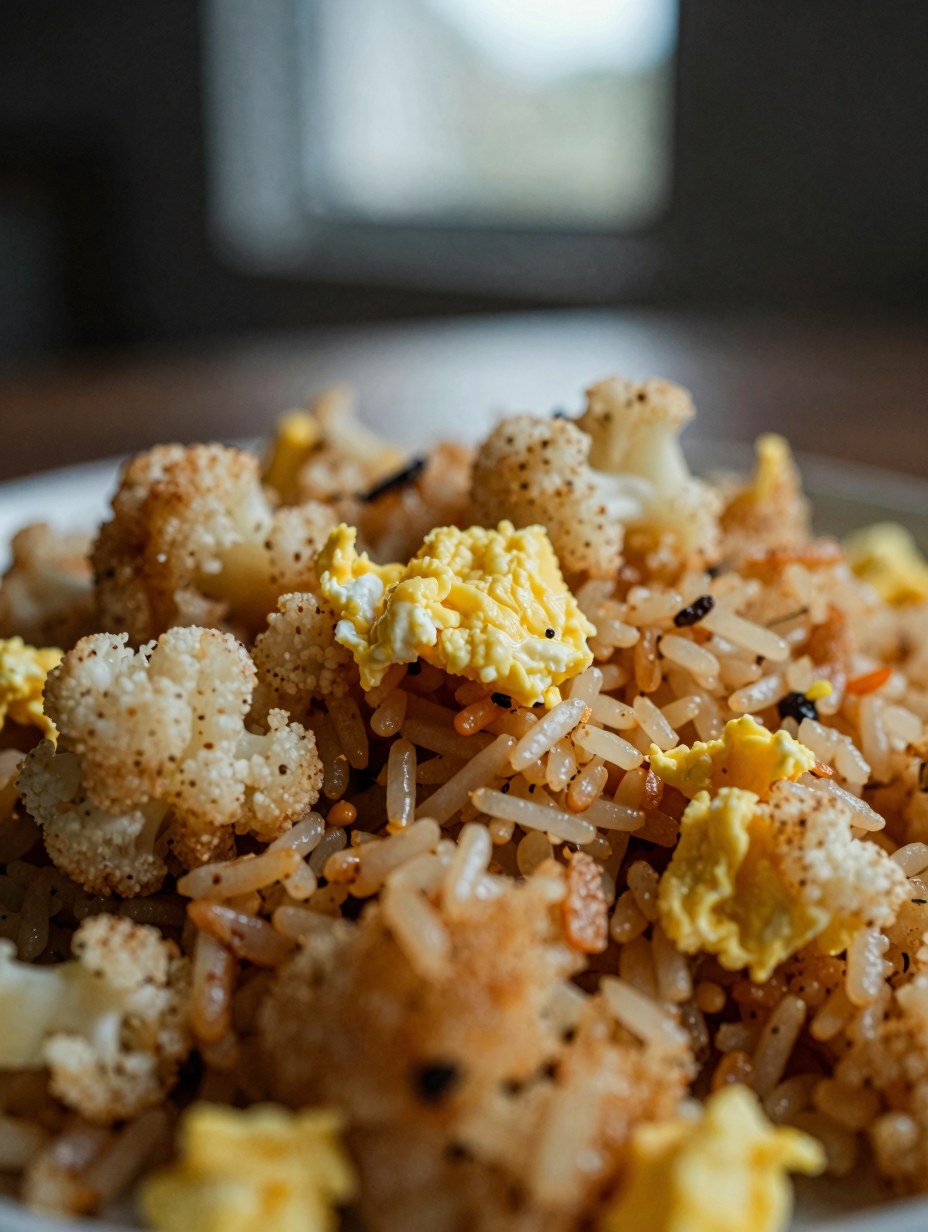 Close-up of cauliflower fried rice showing fried texture and scrambled egg