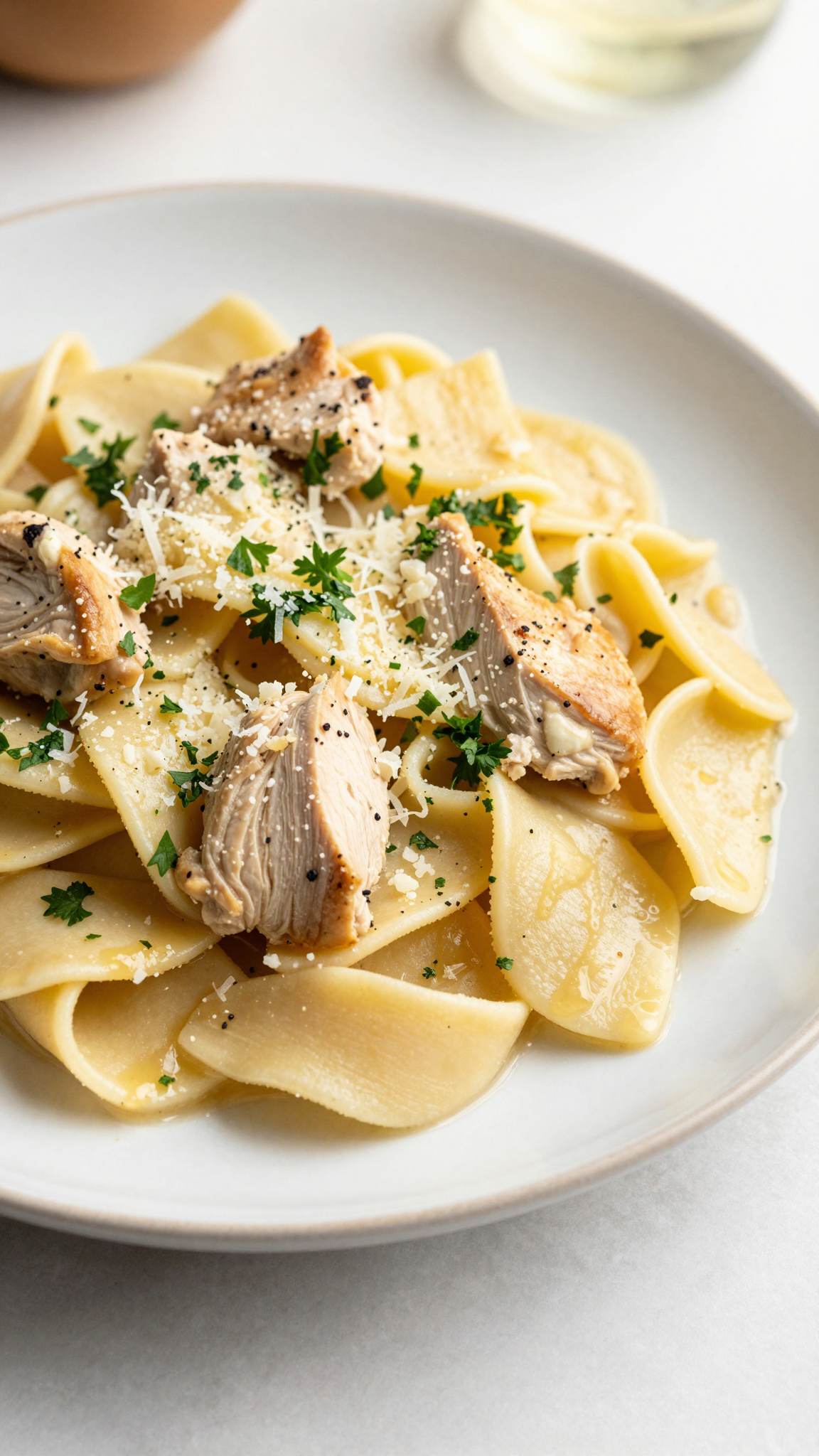 Overhead plate of chicken alfredo with parmesan and parsley