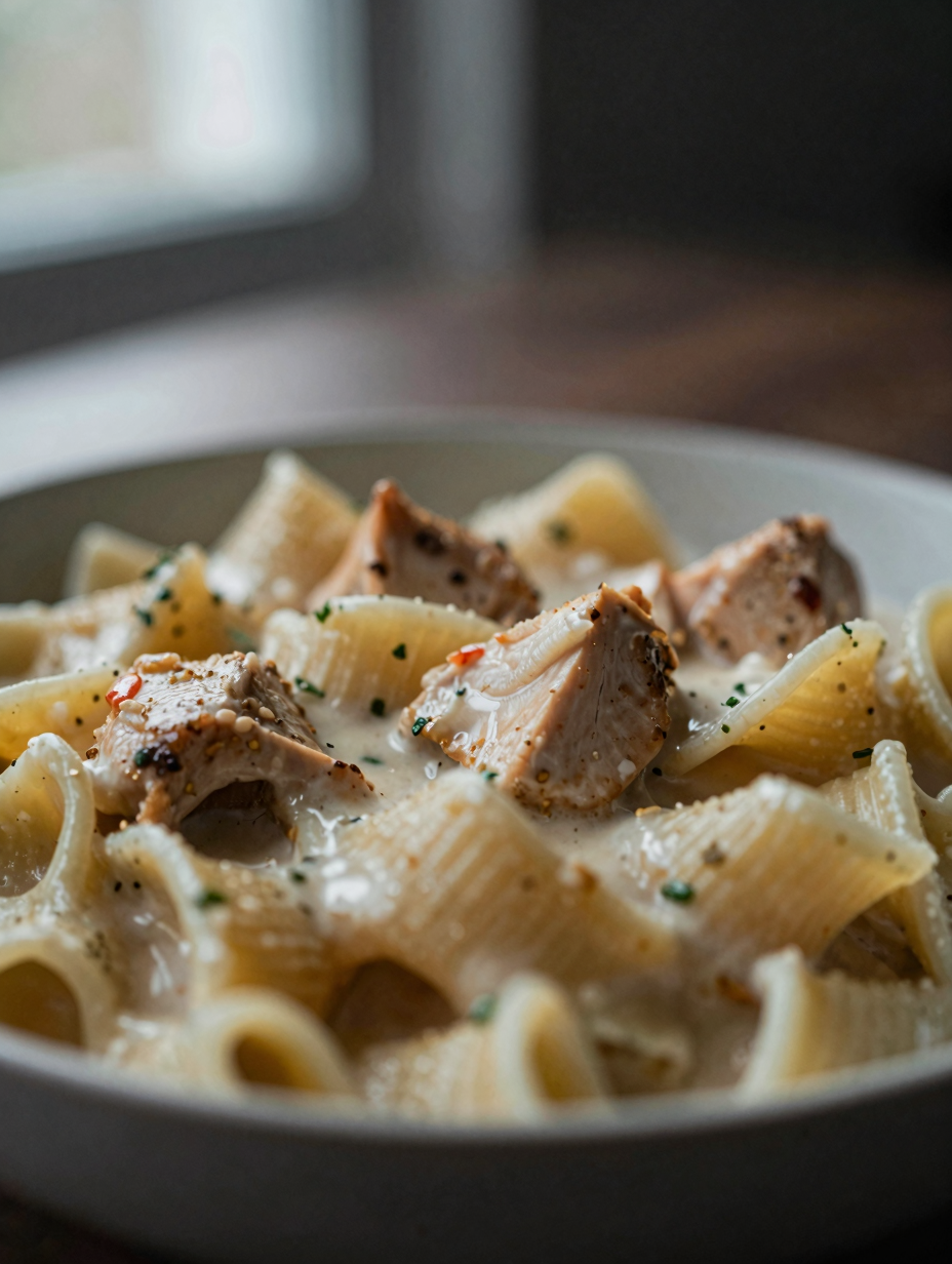 Close-up of chicken alfredo showing creamy sauce coating the pasta