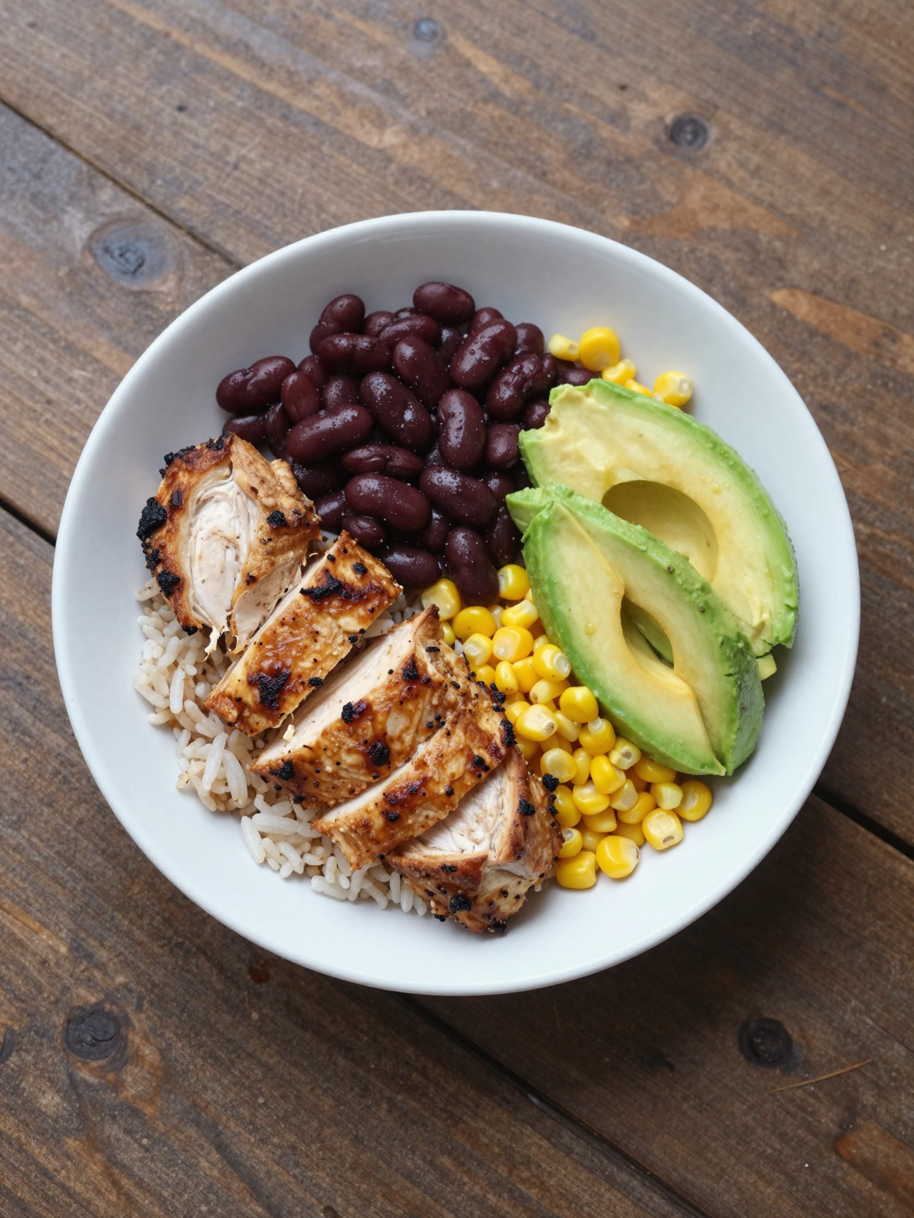 Chicken burrito bowl with rice, beans, corn and avocado