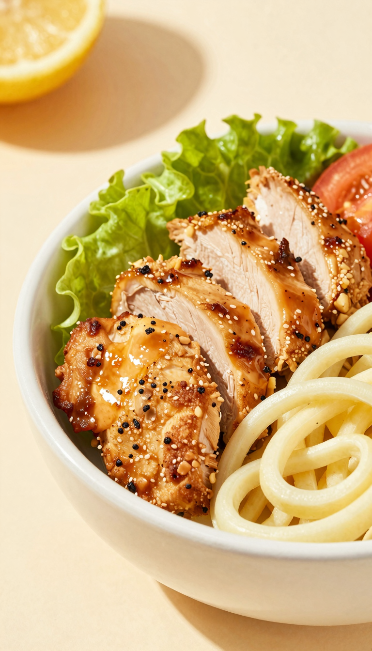 Overhead chicken burrito bowl with all the fixings