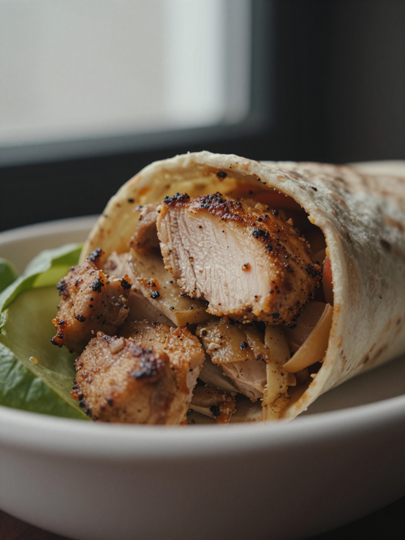 Close-up of chicken burrito bowl showing seasoned chicken and toppings