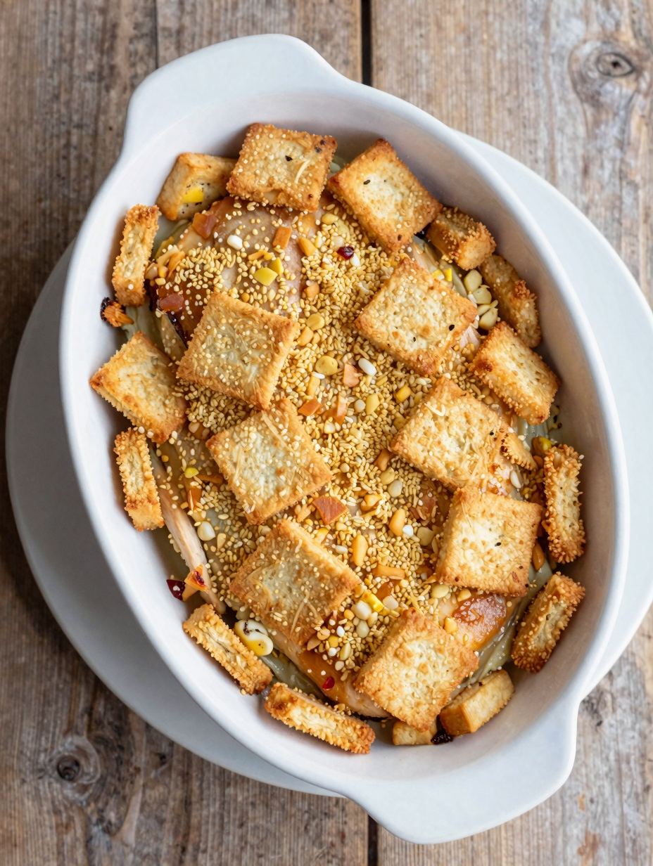 Baking dish of chicken casserole with golden cracker topping