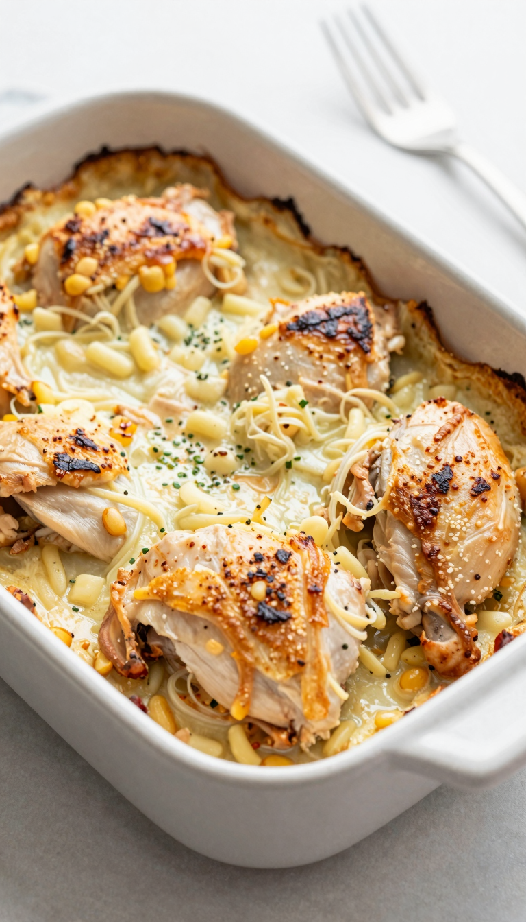 Overhead baking dish of chicken casserole fresh from the oven