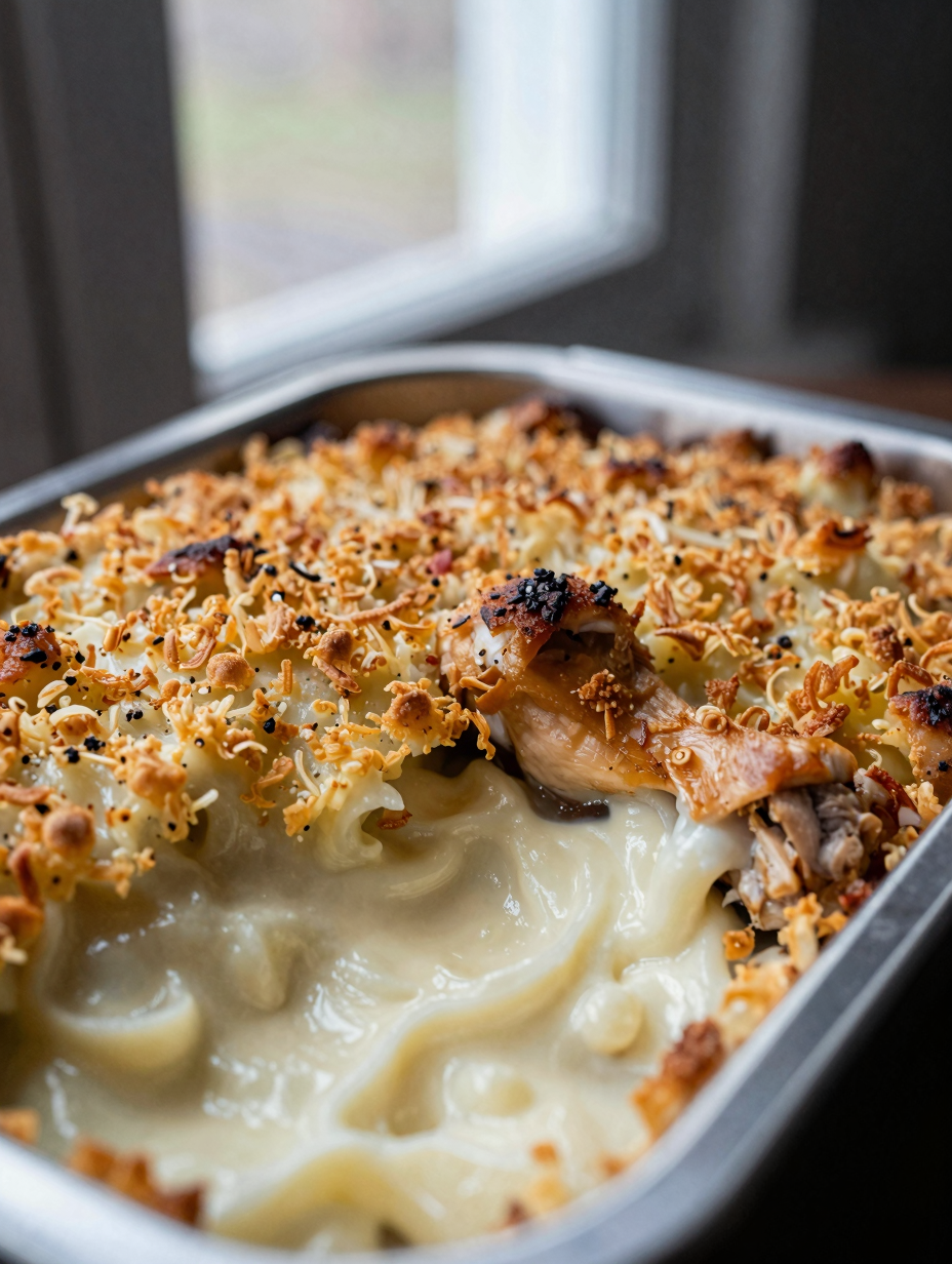 Close-up of chicken casserole showing creamy filling and crispy topping