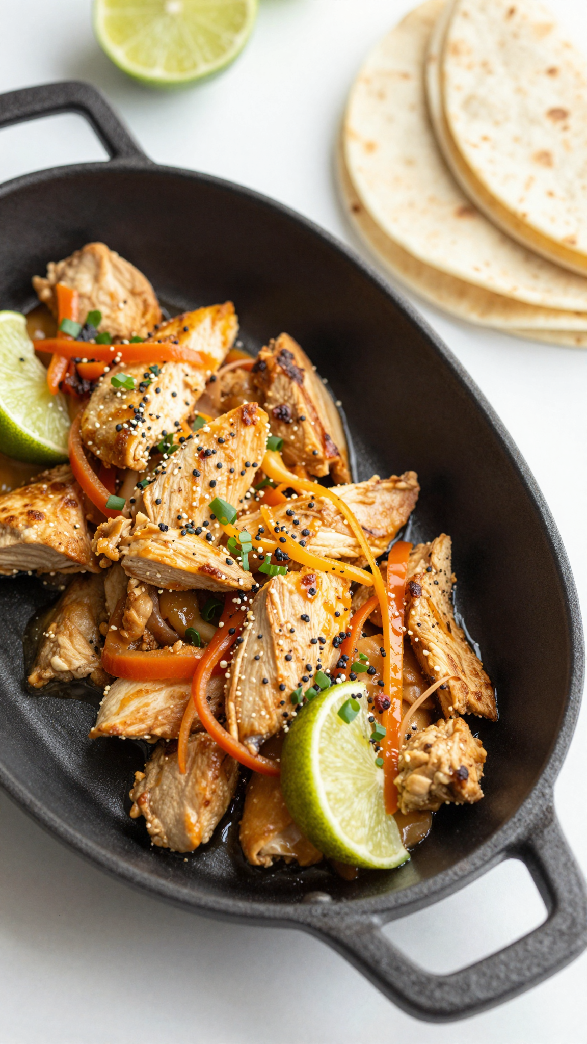 Overhead skillet of chicken fajitas with lime and tortillas