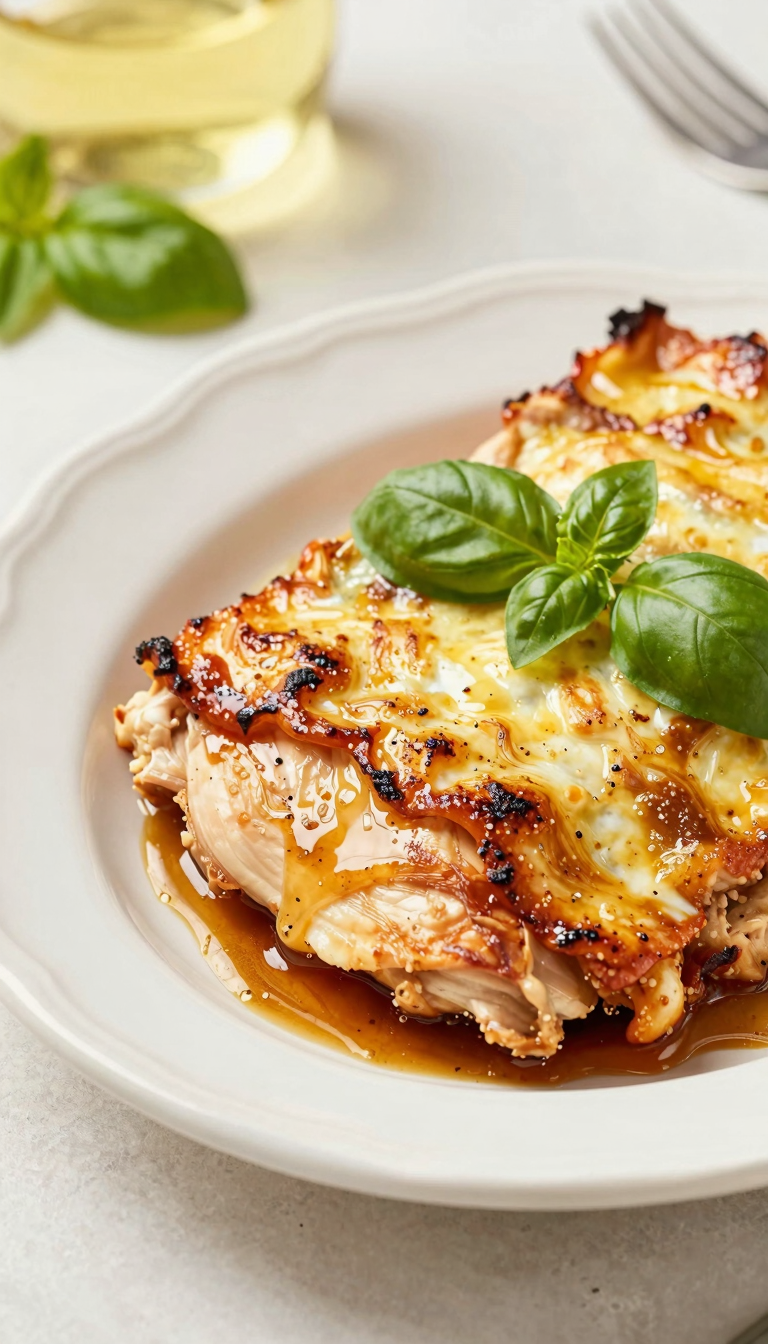 Overhead plate of chicken parmesan with basil garnish