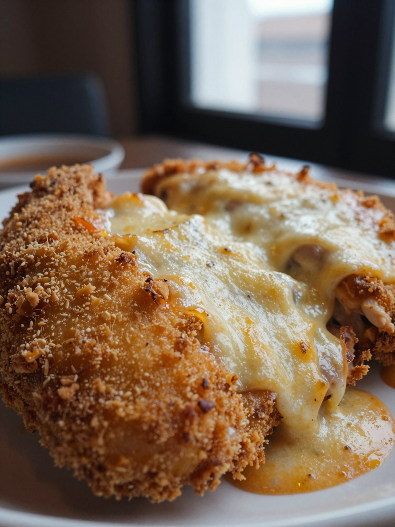 Close-up of chicken parmesan showing crispy breaded crust and melted cheese