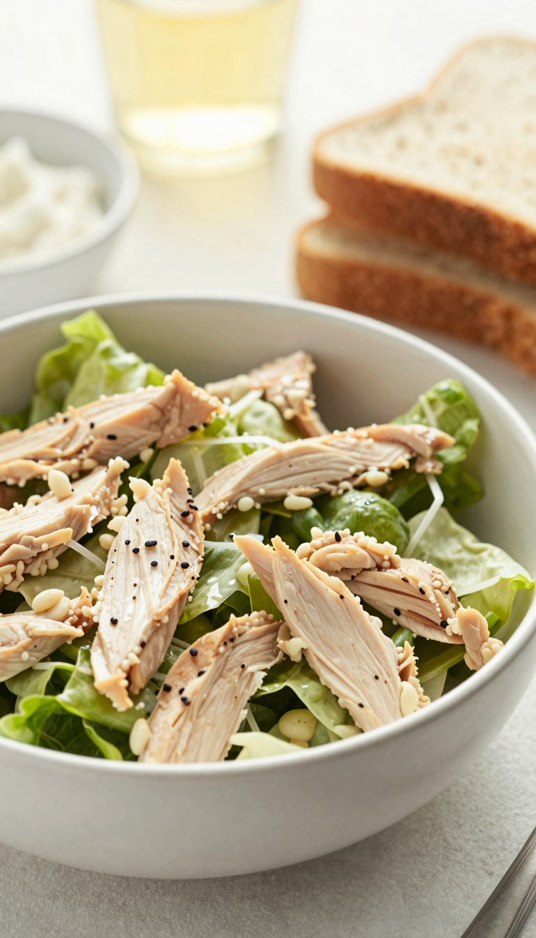 Overhead bowl of chicken salad ready for sandwiches