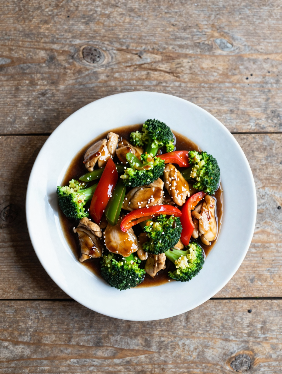Chicken stir fry with broccoli and bell peppers in a glossy sauce