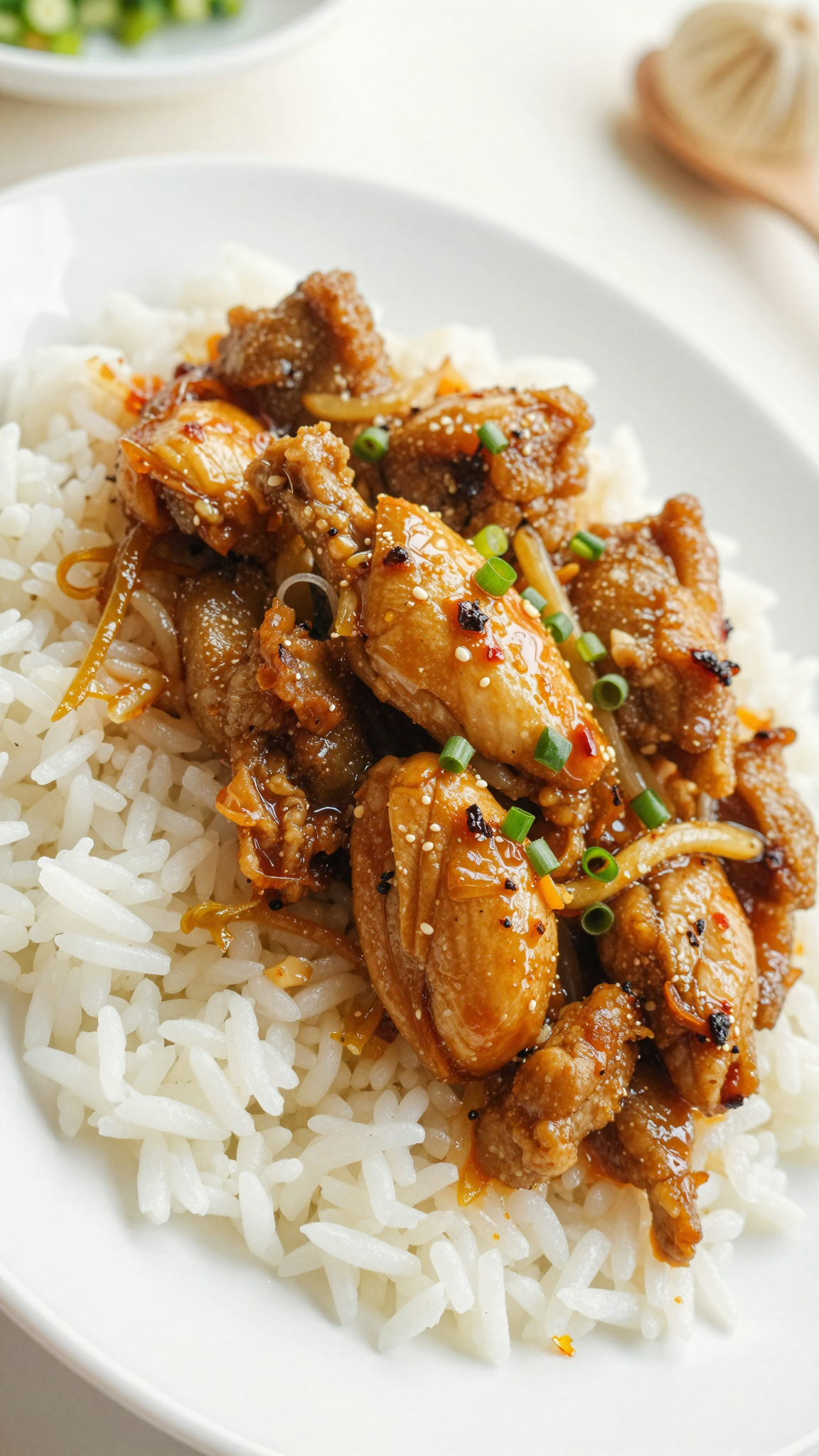 Overhead chicken stir fry served over rice