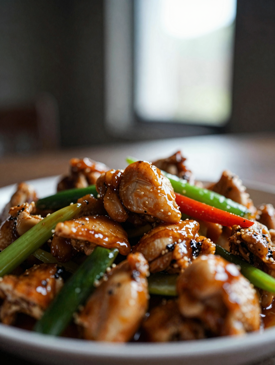 Close-up of chicken stir fry showing sauce coating chicken and vegetables