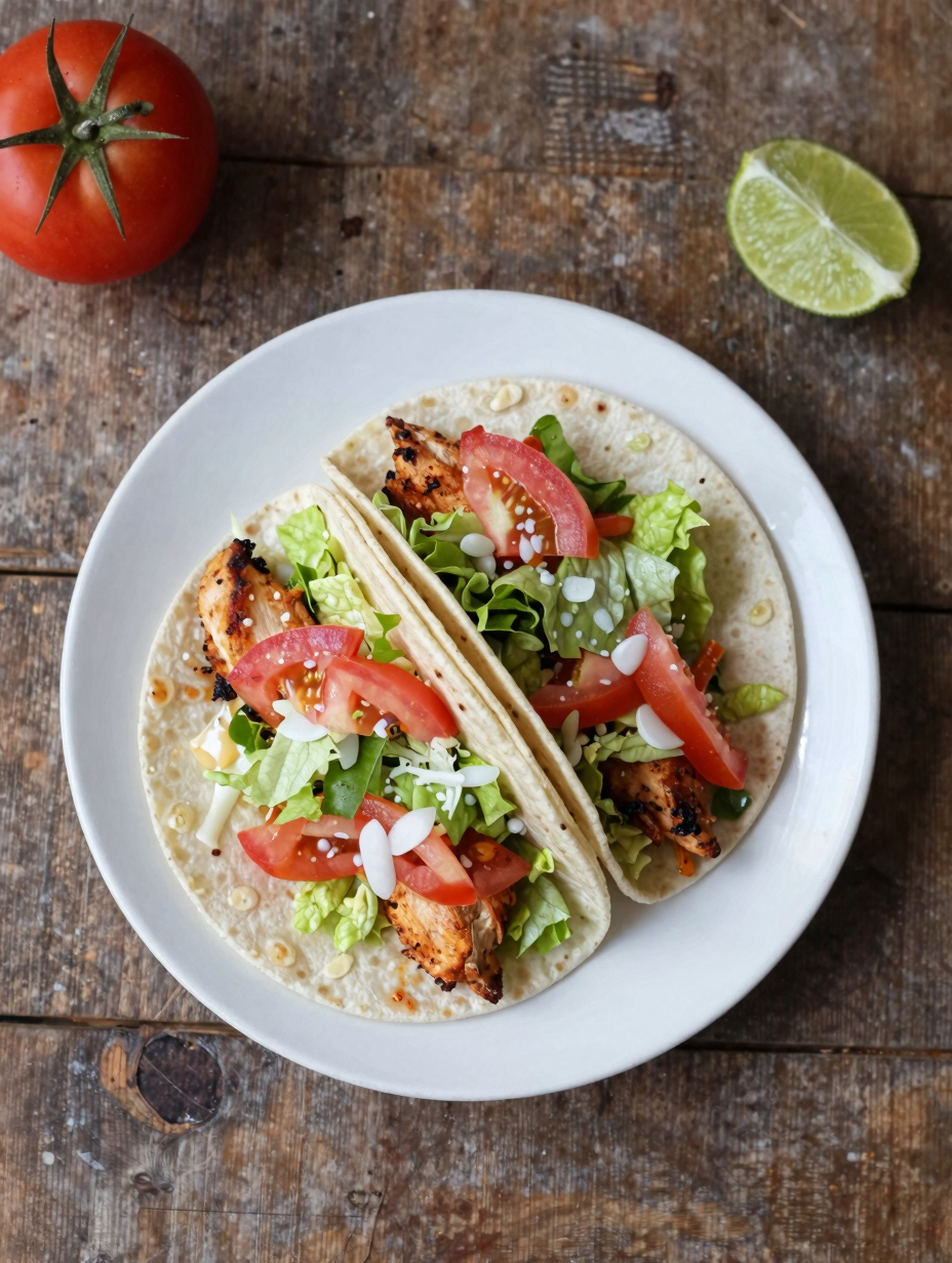 Chicken tacos with lettuce, tomato and lime on a plate