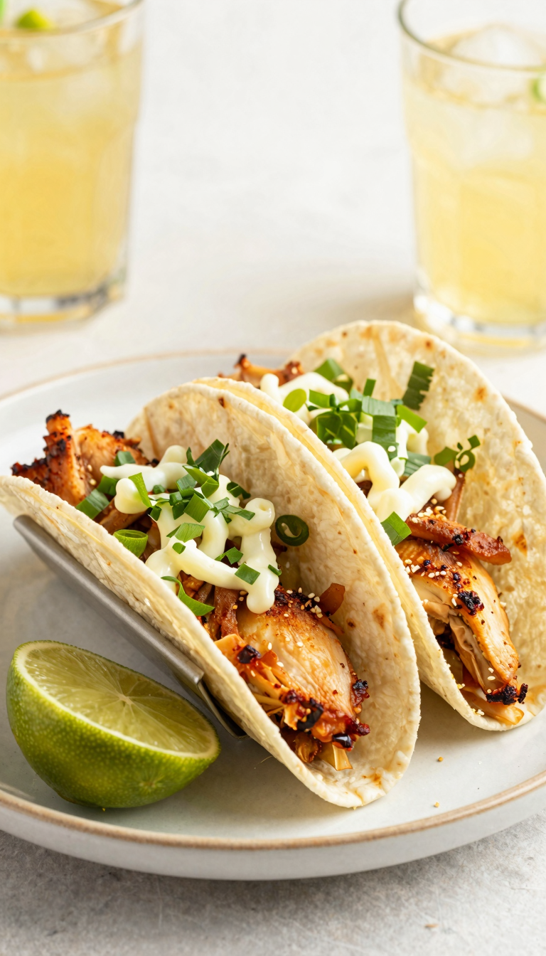 Overhead chicken tacos with toppings and lime wedges