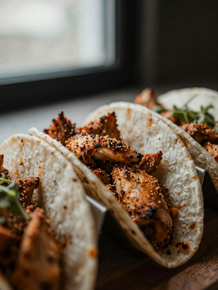 Close-up of chicken taco filling showing seasoned browned chicken