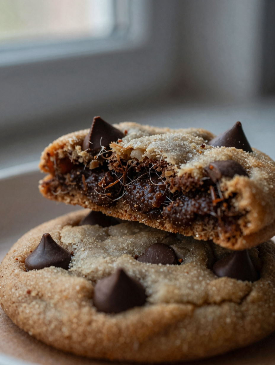 Close-up of chocolate chip cookie showing chewy interior