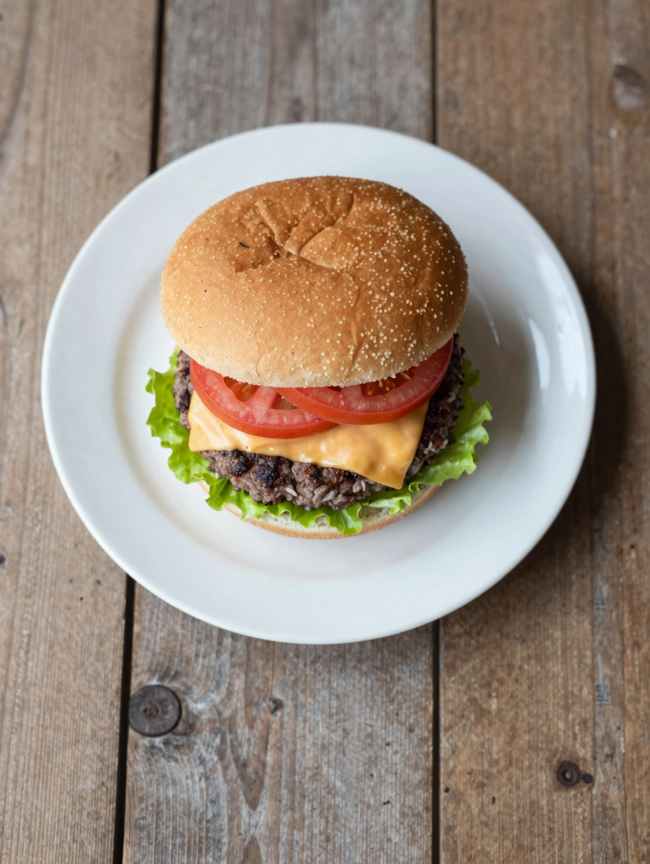 Classic beef burger with lettuce, tomato and cheese on a bun