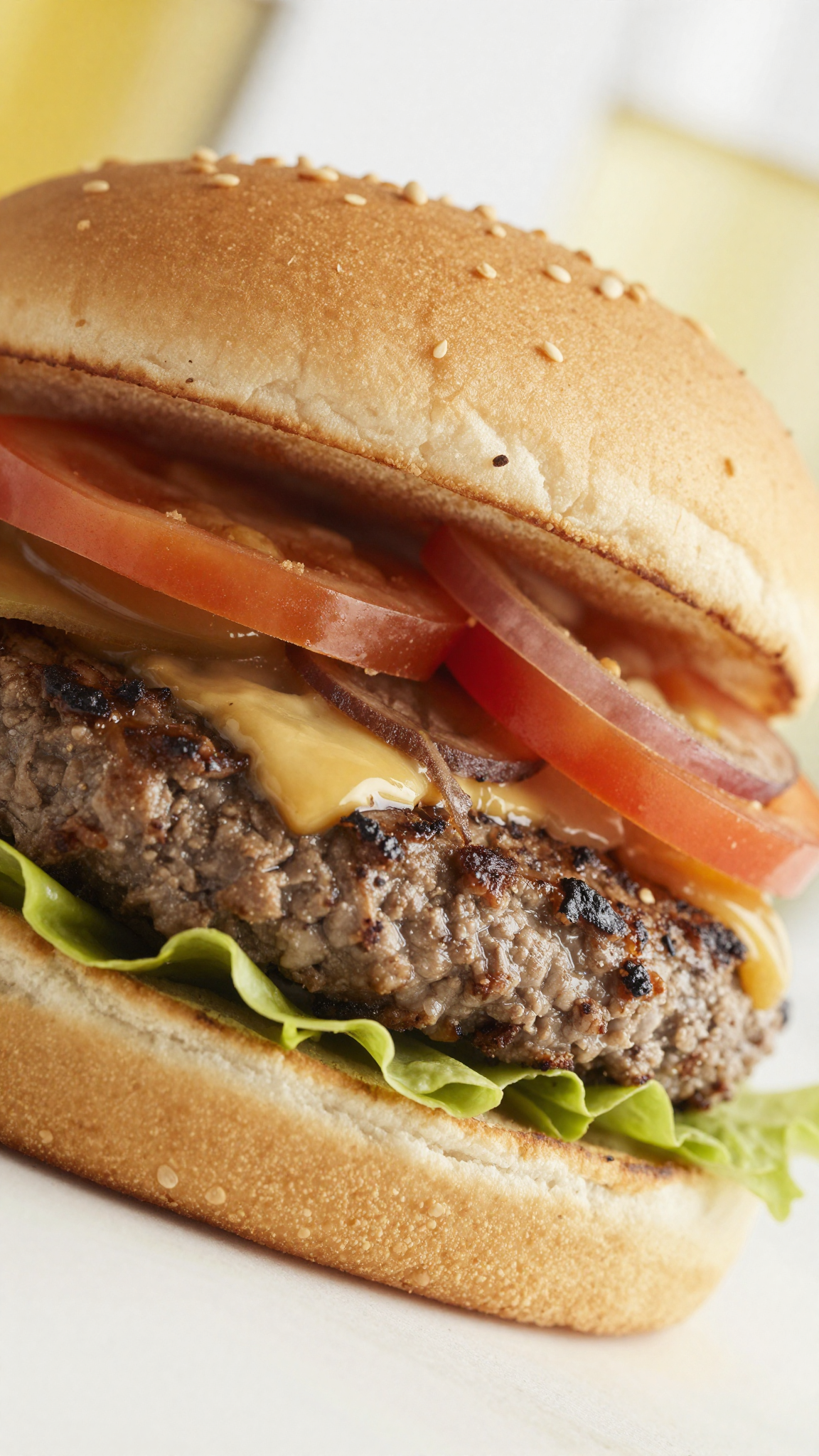 Overhead classic beef burger with all the toppings
