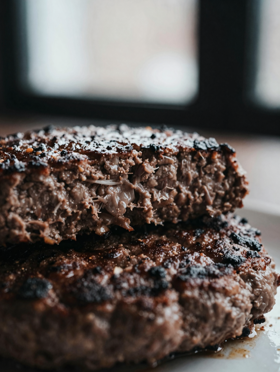 Close-up of beef burger patty showing juicy seared interior