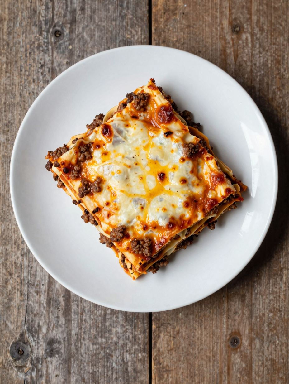 Slice of classic lasagna showing layers of meat sauce and cheese